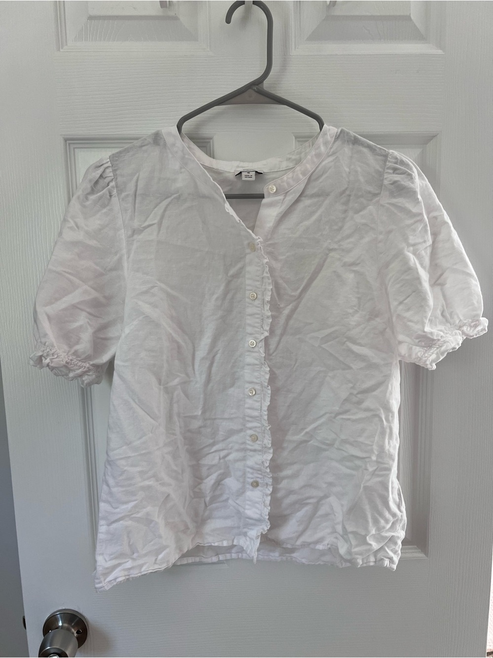 J. Crew White Ruffle-Trim Button Down Puff Sleeve Top | Size Small